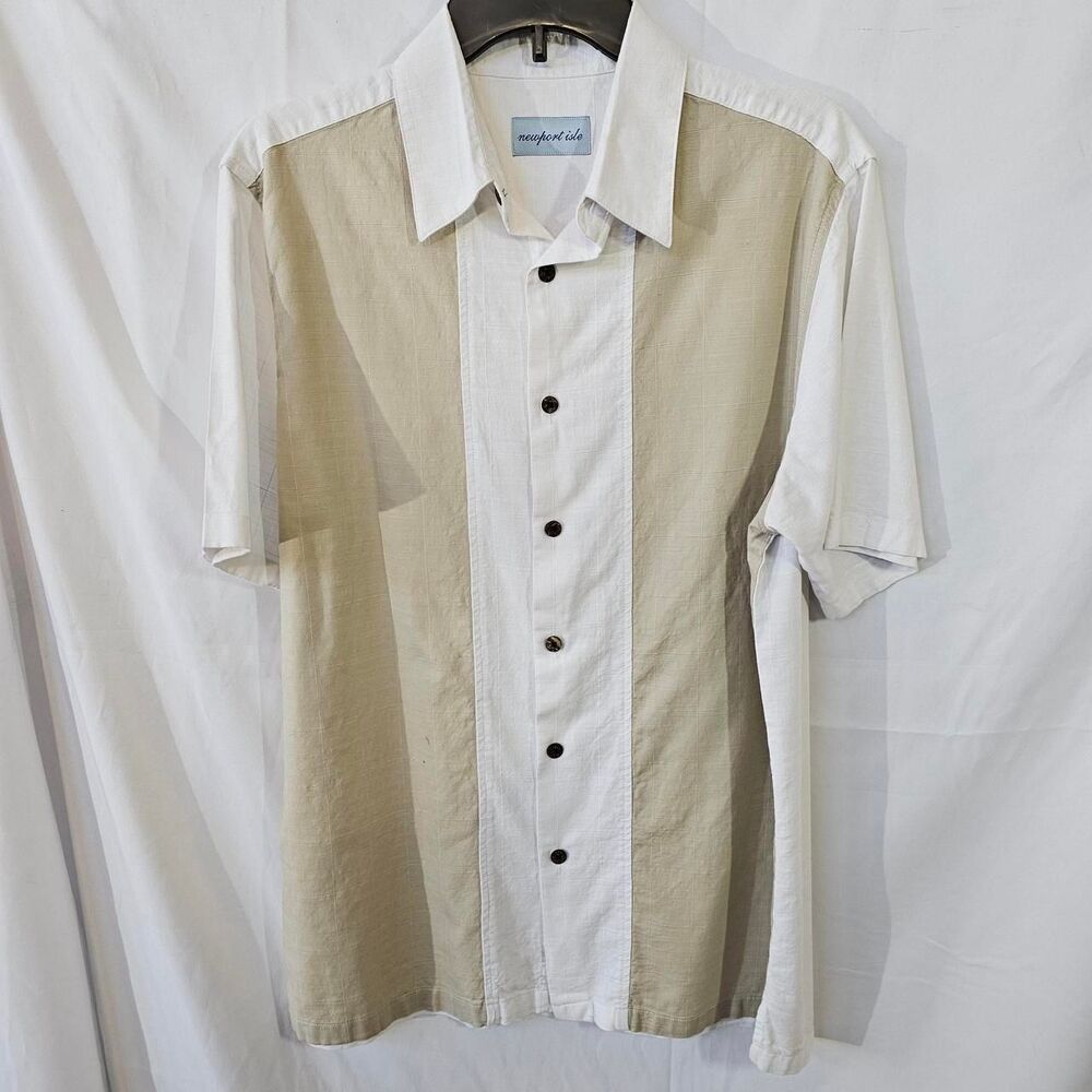 #0243 Newport Isle Mens Two Tone Beige White Short Sleeve Panel Camp Shirt - Picture 1 of 5